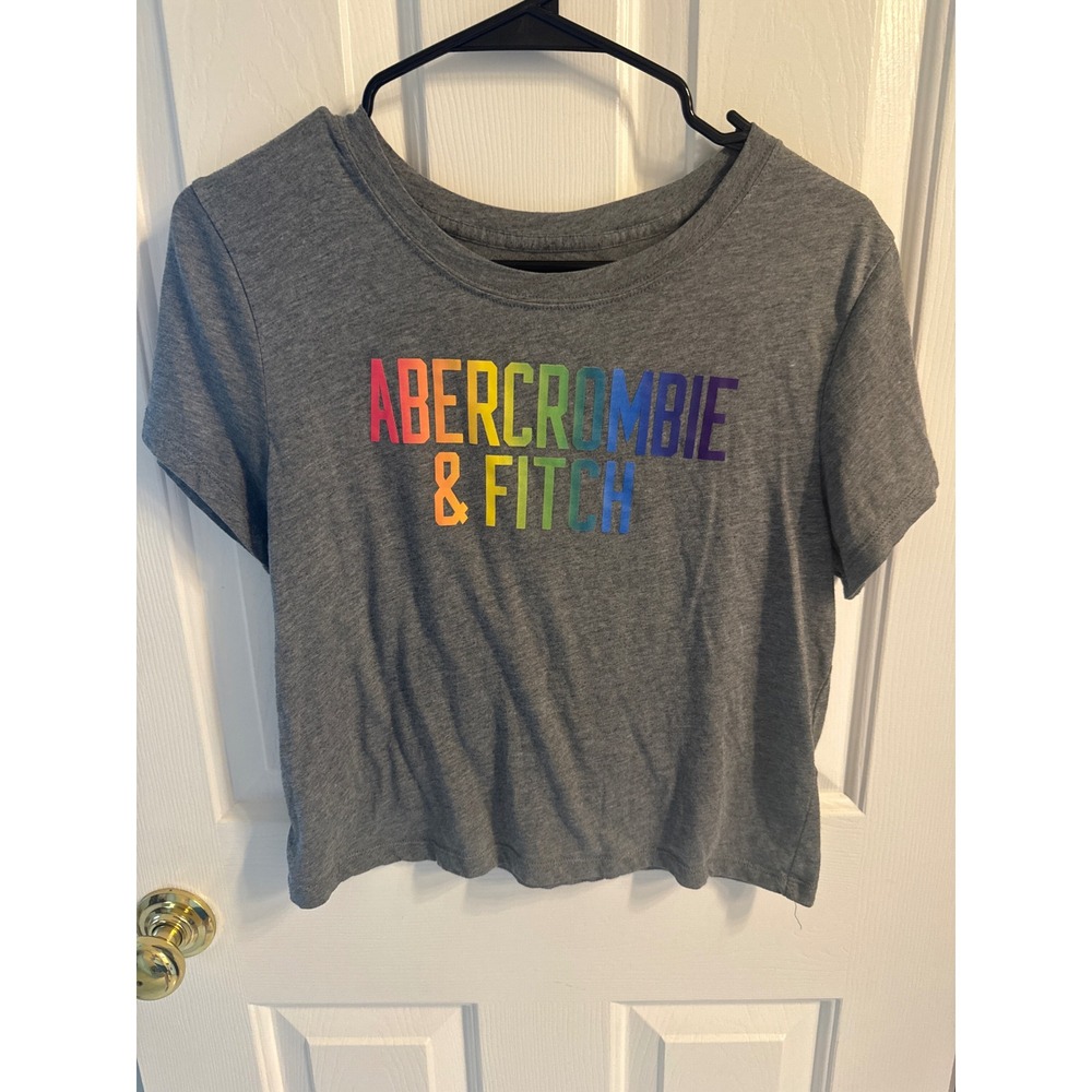 Abercrombie & Fitch Kids Medium Heather Grey Rainbow Logo Graphic T-Shirt Tee